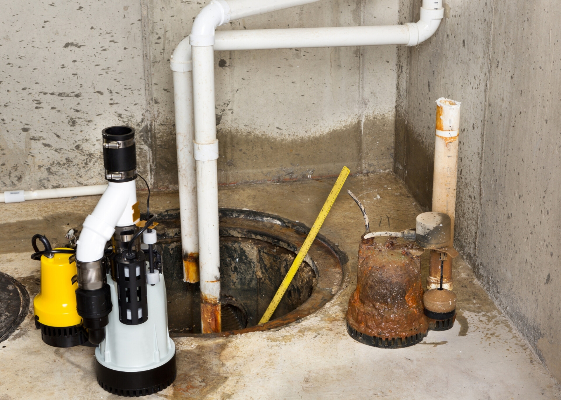 Technician performing routine sump pump maintenance on a basement